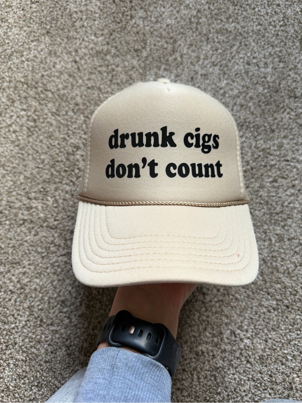 OTTO Unisex Beige Mesh Trucker Cap “drunk cigs don’t count”